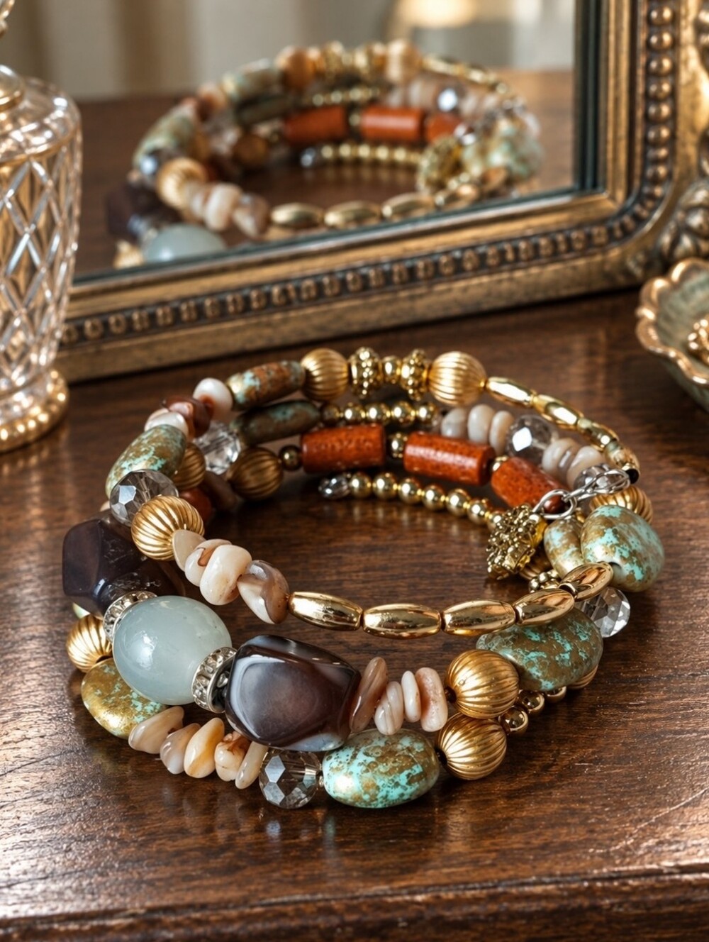 Memory Wire Gold Veined Faux Turquoise Tumbled Stone Faceted Crystal Bracelet